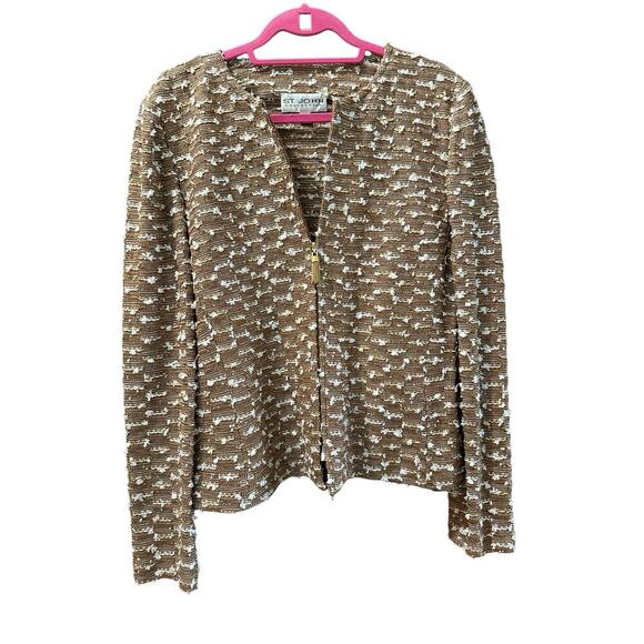 St. John Collection Women's Brown White Tweed Knit Zip Up Sweater Jacket Size 10